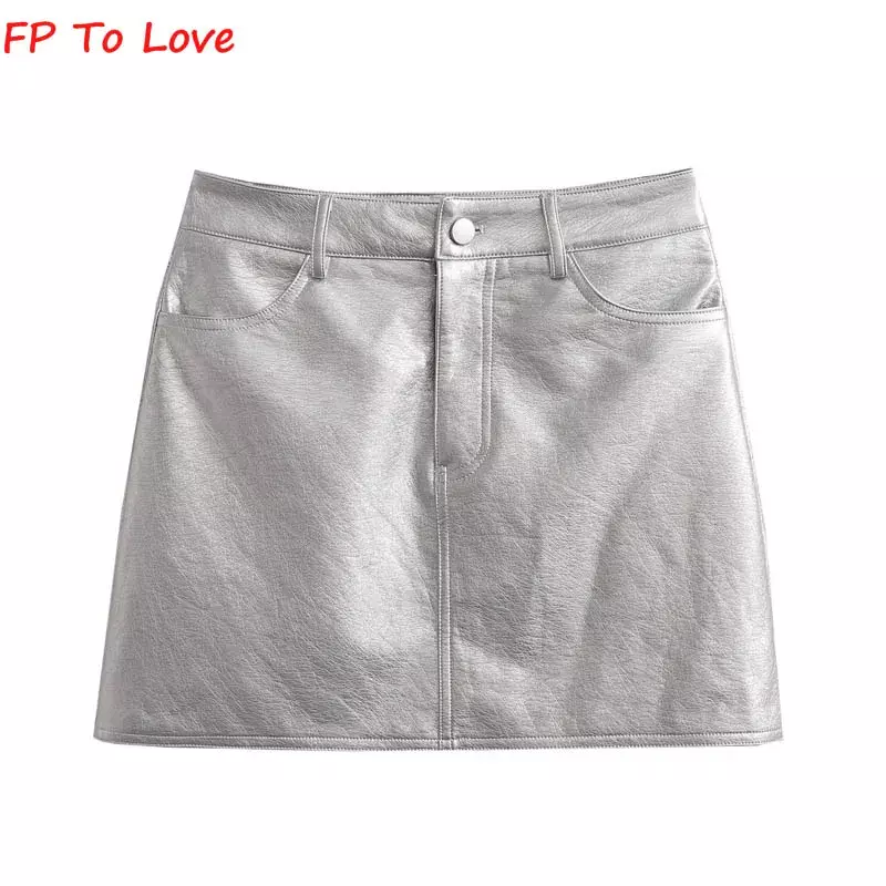 FP To Love French Silver PU Mini Skirts Metallic Sexy High Waist Hip Skirt Chic Retro Short A-Line Metal