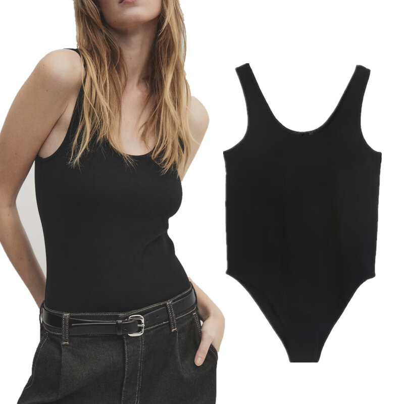 Dave&Di Summer Bodysuits Women Nordic Minimalist Black Sleeveless Jumpsuit Tank Tops Sexy T-shirts Women