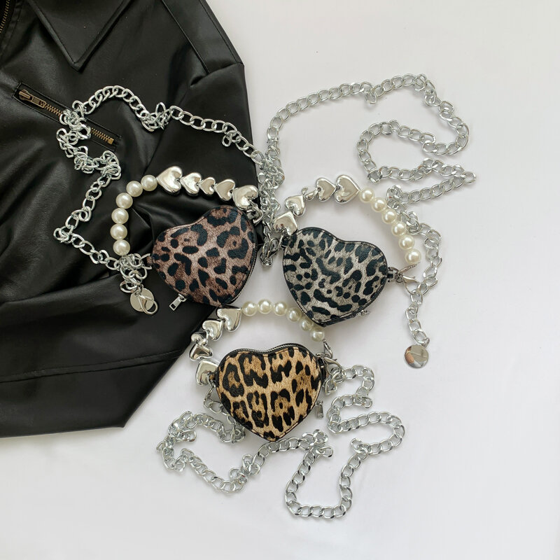 2024 New Lipstick Pouch Coin Purse Cute Heart Bag For Women Leopard Pattern Super Mini Crossbody Bag Vintage Pearl Chain Handbag