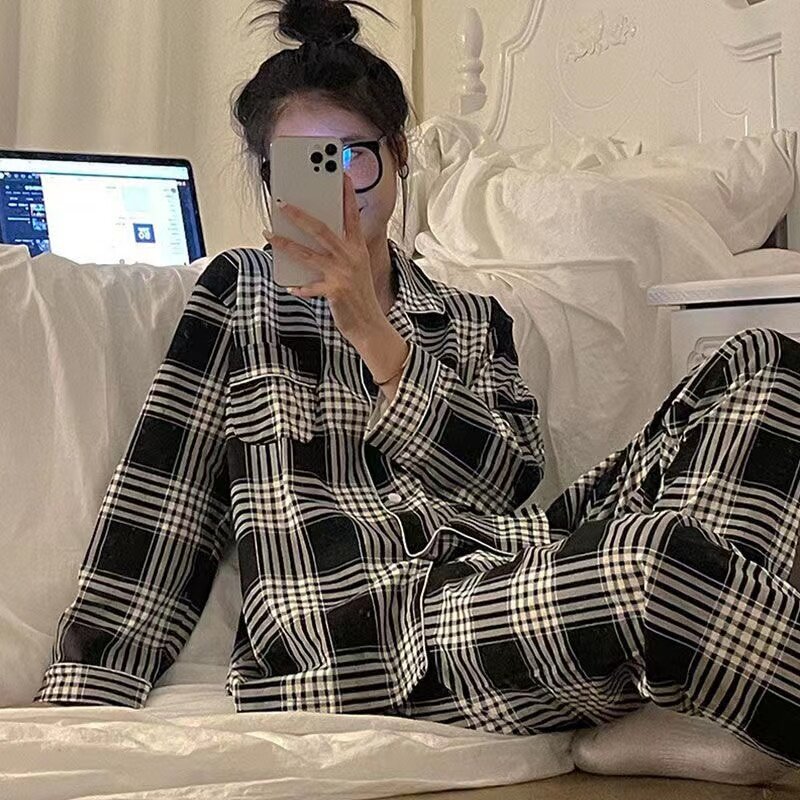 Black Red Plaid Autumn Pajamas Set Women Single Breasted Shirts + Trousers Cotton Vintage Two Piece Home Suit Ins Sleepwear