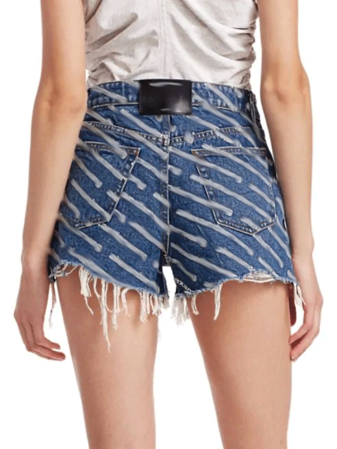 Vrouwen Denim Shorts 2023 Zomer Hoge Taille Brief Print Losse Omzoomd Fringe Netto Rode Dezelfde Retro Dames Breed been Shorts