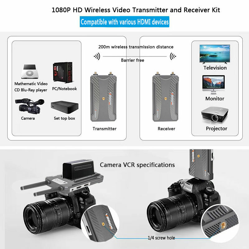 Kit ekstender nirkabel 200m, mendukung baterai NP-F HDMI Video pemancar penerima untuk fotografer Video PS4 kamera