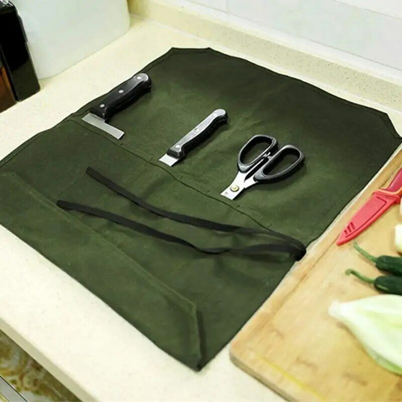 Roll Up Knives Bag Waxed Canvas Knifes Cultery Carrier Knifes Roll Chef Knifes Roll Case With 7 Slots Home Kitchen Cooking Tools