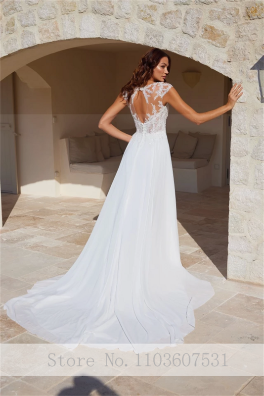 2024 Modest V-neck Chiffon Lace A-line Sleeveless Wedding Dress for Women Side Slit Court Wedding Bridal Gown robe de mariée