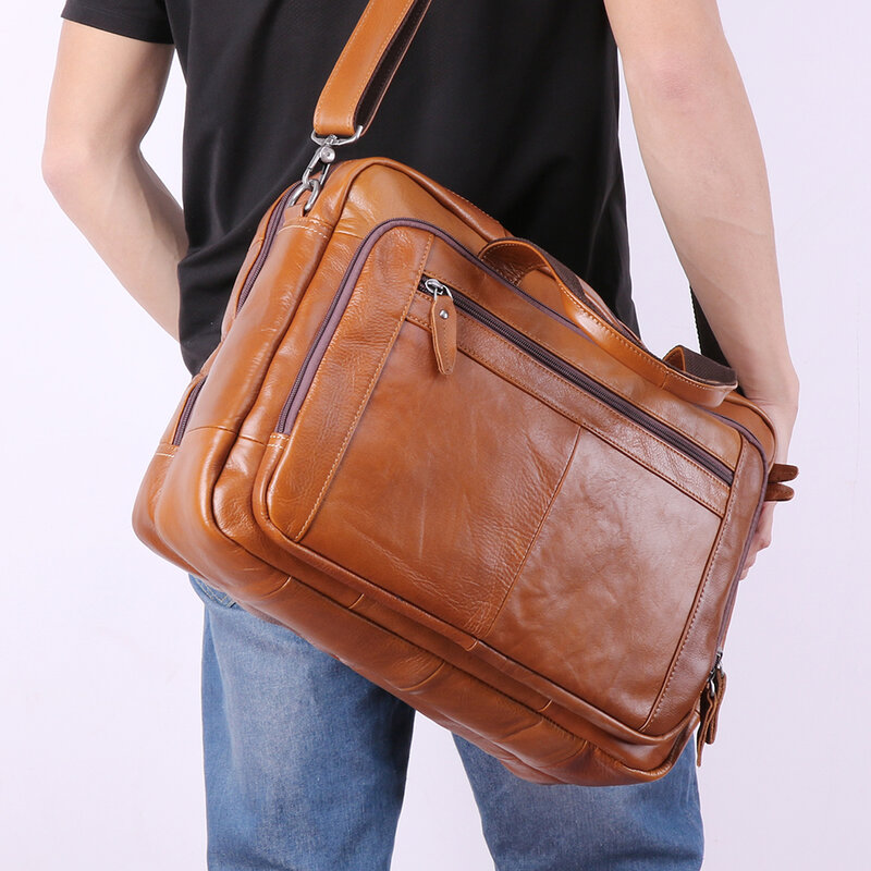 Tas tangan kulit asli 17 inci untuk pria, tas tangan bisnis tas komputer kulit sapi Retro, tas selempang untuk pria