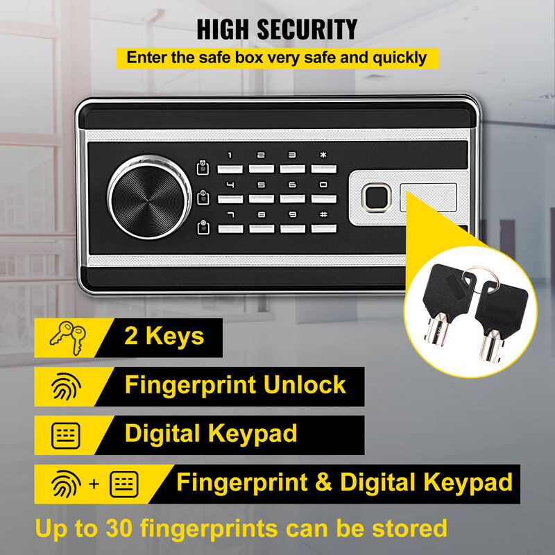 صندوق آمن VEVOR-Fingerprint للمال ، مفتاحان ولوحة مفاتيح رقمية ، صندوق آمن من الفولاذ Q235 ، تخزين النقود ، المجوهرات ، المستندات