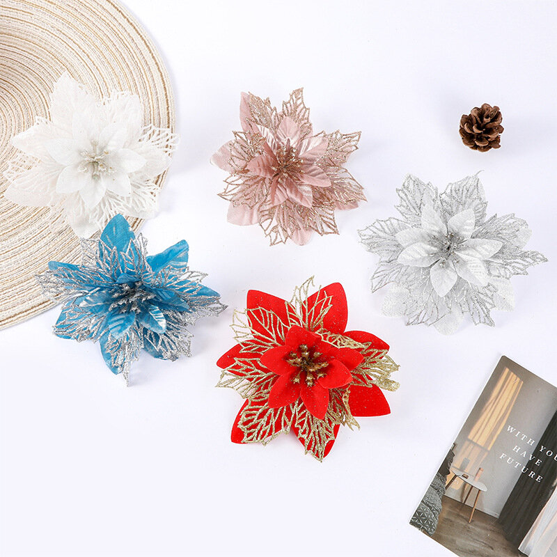 Christmas Glitter Flower Artificial Floral DIY Garlands Xmas Tree Ornaments Wedding Party New Year Decorations