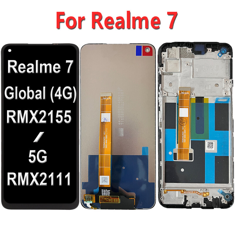 Display LCD Digitalizador da tela sensível ao toque com moldura, display original para Realme 7, 4G, 5G, RMX2155, RMX2151, RMX2111