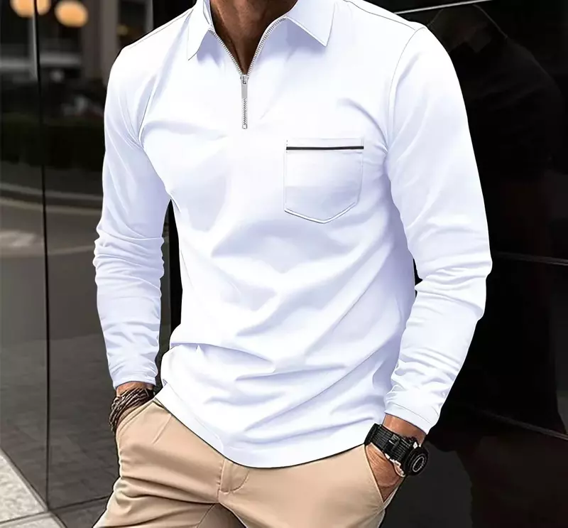 Polo de manga larga para hombre, camiseta informal, versátil, de Color sólido, con bolsillo y cremallera, holgada, para otoño, novedad de 2023