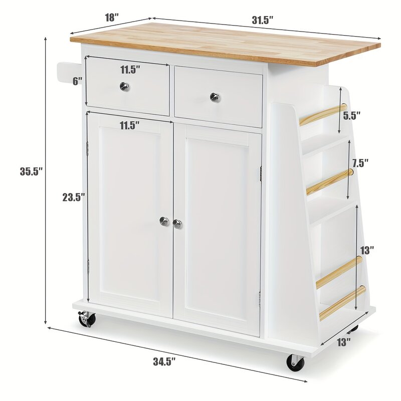 1pc Wooden Rolling Kitchen Island Cart, White Utility Trolley Cabinet With Spice And Towel Rack, Mobile Storage With Wheels, 34.