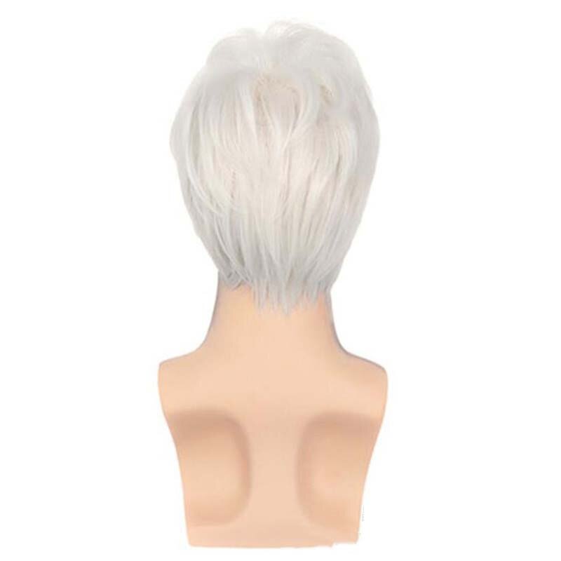 Wig keriting lurus perak putih pria, rambut palsu Cosplay Anime sintetis tahan panas halus untuk pesta sehari-hari