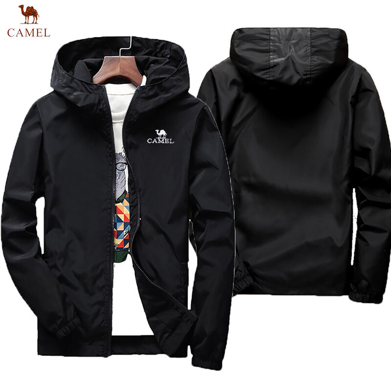 Men's hooded sun protection jacket, loose zippered windproof casual jacket, large light color, camel embroidery, outdoor camping