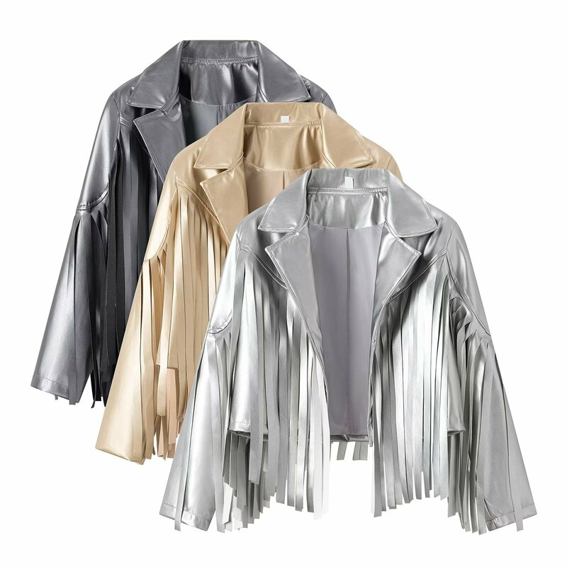 TRAFZA 여성 패션 스트리트웨어 재킷, 캐주얼 크롭 골드 인조 가죽 코트, 긴팔 태슬 여성 아우터, 시크한 탑