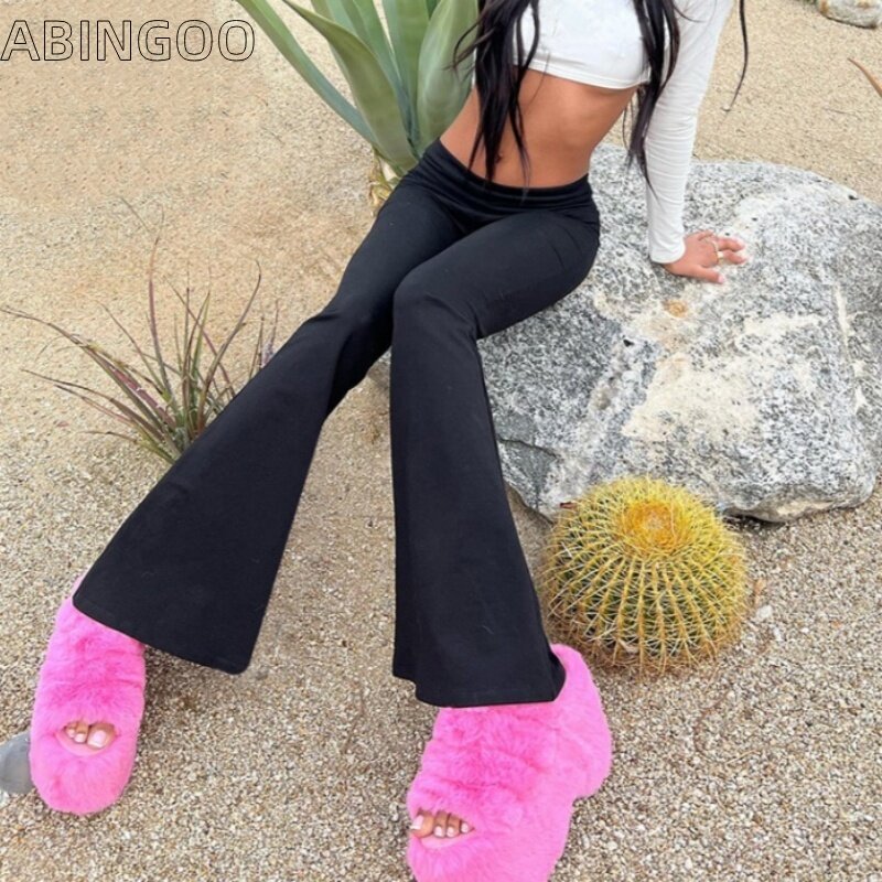 ABINGOO Slim Fit z niskim stanem rozkloszowane spodnie damskie w jednolitym kolorze długie casualowe spodnie capri uliczne Y2K z luźny Top i rozszerzanymi legginsami