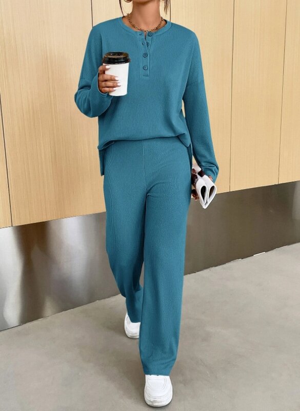 Conjunto de calça casual monocromática feminina, pulôver de gola redonda, suéter de manga comprida, nova moda, venda quente, 2023