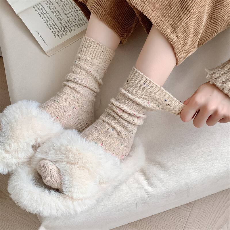 Kaus kaki wanita, kaus kaki wol gaya Jepang kasual, kaus kaki hangat bergaris musim gugur untuk anak perempuan trendi, kaus kaki musim dingin