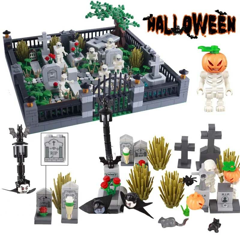 Moc Halloween Gift Kerkhof Begraafplaats Ghost Skelet Pompoen Cijfers Bouwstenen Onderdelen Grafsteen Bloemen Kinderen Speelgoed