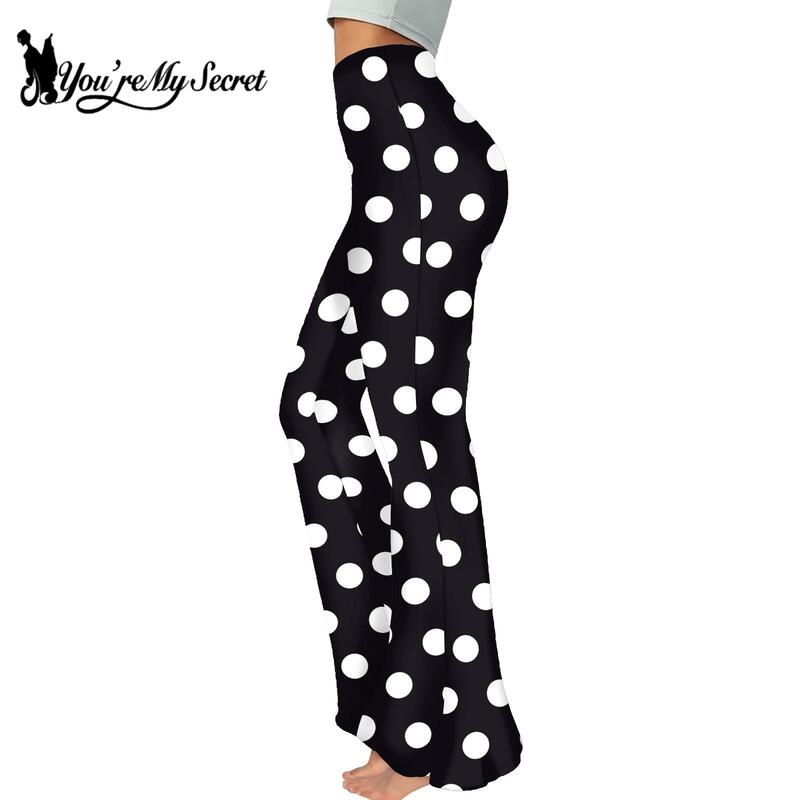 [Je Bent Mijn Geheim] Mode Zwarte Polka Dot 3d Print Wijd Uitlopende Broek Voor Vrouwen Casual Dame Slanke Leggings Elegante Hoge Taille Broek
