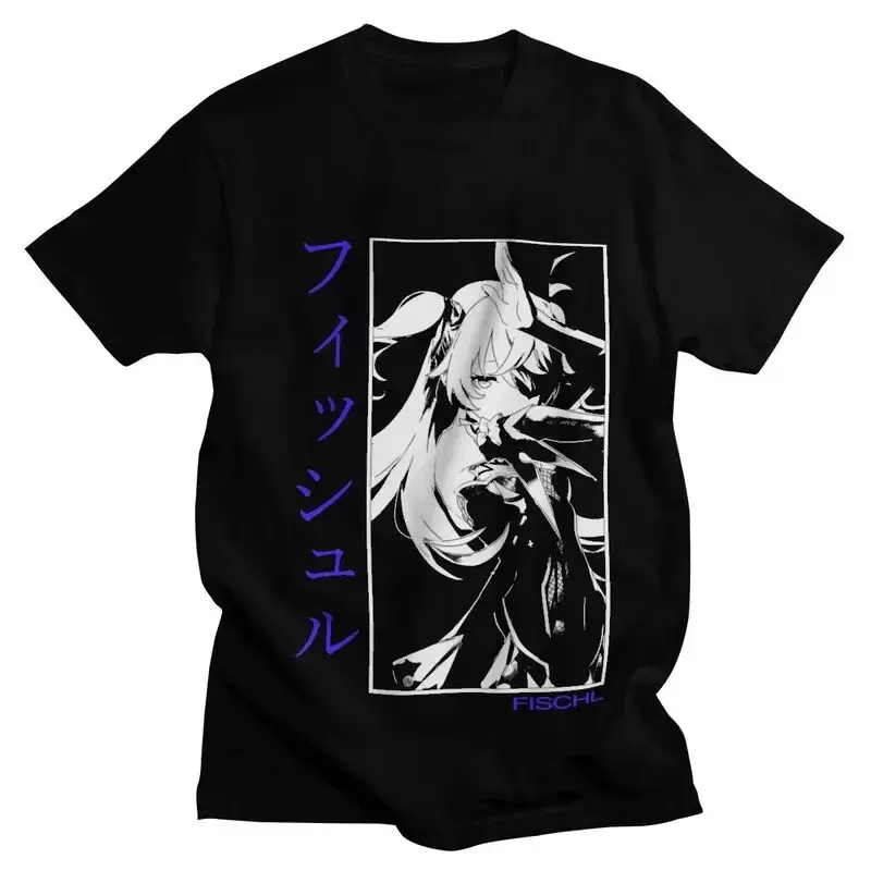 Camiseta gráfica de manga curta feminina, Genshin Impact, estampa de peixe anime, streetwear Harajuku, roupas Y2K, tops ensolarados, 2021