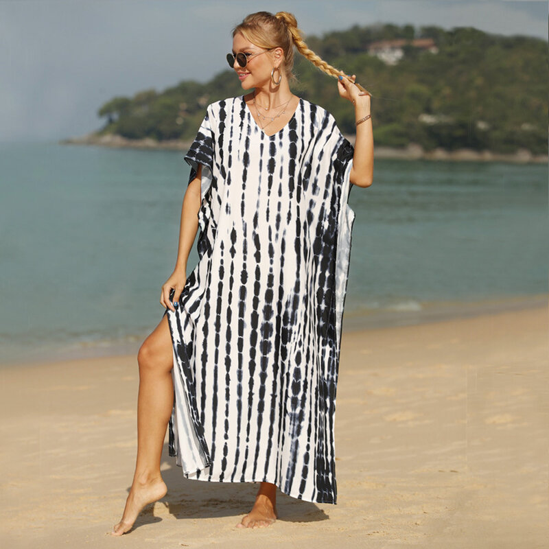 Saia de praia listrada boêmia feminina, cobertura de maiô, moda praia, robe de resort, verão, 2024