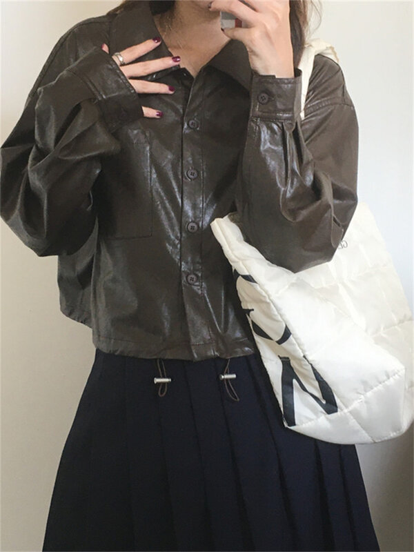 Arazooyi куртки на кулиске женское винтажное свободное офисное дамское осеннее 2023 уличное Элегантное повседневное пальто из искусственной кожи с длинным рукавом