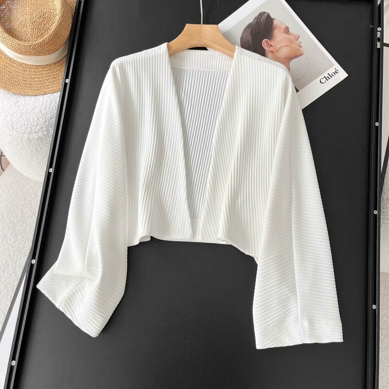 Damski 2024 wiosna nowa moda cienki szal kurtka Retro z długim rękawem i eleganckim dekoltem w szpic dopasowany sweter typu Slim-fit Top outwearmujer