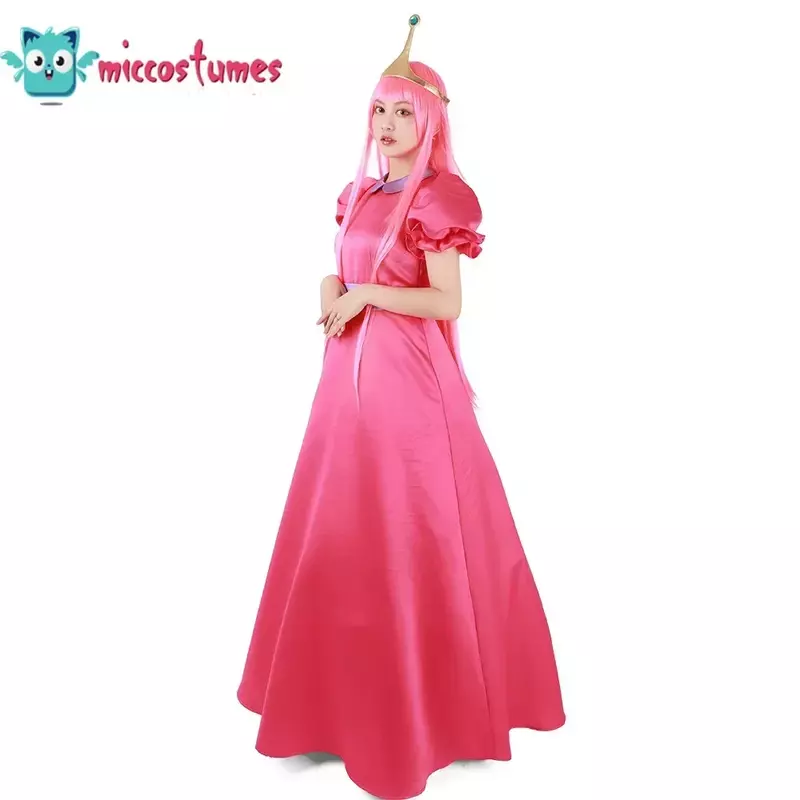 Miccostuums Meisje Roze Prinses Cosplay Kostuum Met Kroon Voor Vrouwen Rode Lange Jurk
