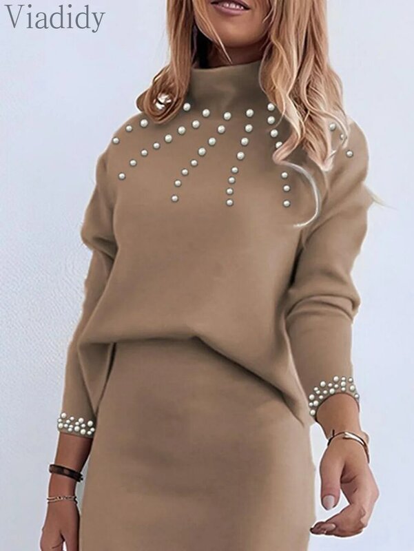 Women Casual Solid Color Long Sleeve Beaded Sweatshirt and High Waist Knitted Skirt 2pcs Set
