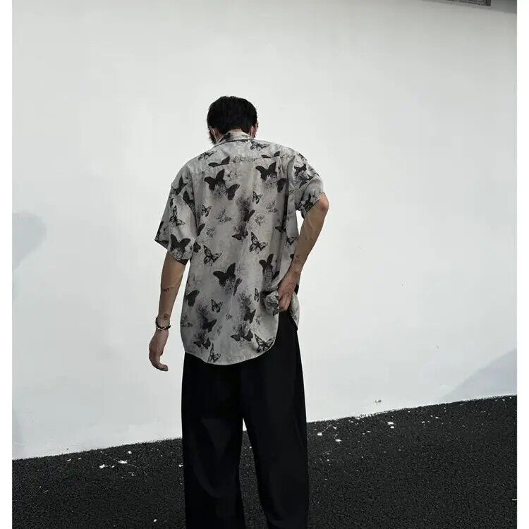Camisa masculina de manga curta, cortina solta, camisa com estampa completa, estampa borboleta, fina, verão, estilo nacional, Y2K Ins, Ins
