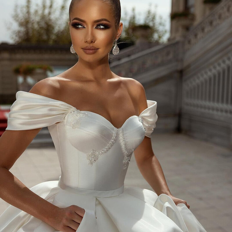 Sang Trọng Gợi Cảm Nữ Lệch Vai Ả Rập Dubai Satin Váy CướI Chân Váy Chữ A Càn Quét Tàu Lưng Thắt Tùy Chỉnh 2023 Đầm Cô Dâu