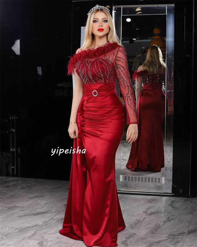 Satin Sequined Beading Feather Ruched Engagement A-line One-shoulder Bespoke Occasion Gown Long Dresses