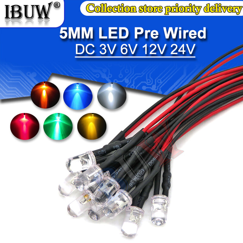 10 buah DC 3V 6V 12V 24V Pre Wired 3mm 5mm lampu LED bola lampu pre-wired memancarkan dioda transparan kuning biru hijau putih merah
