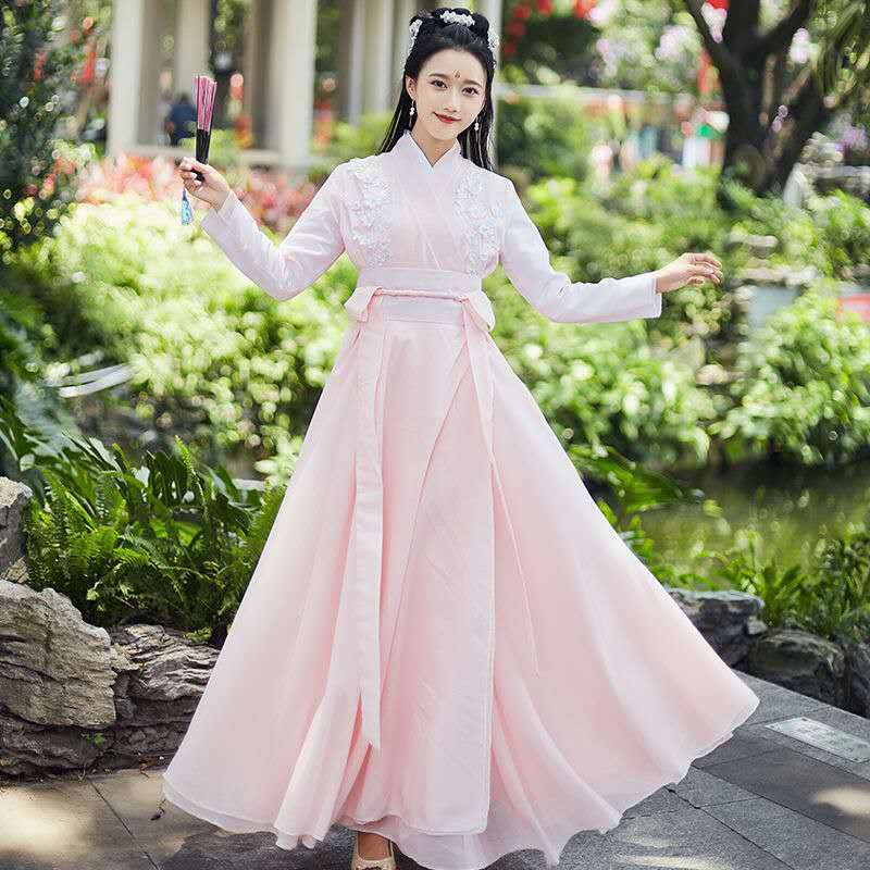 Kostum Tarian Rakyat Tiongkok Hanfu Dinasti Tang Putri Pakaian Panggung Cosplay Pakaian Merah Muda Wanita Tradisional Gaun Peri Hanfu
