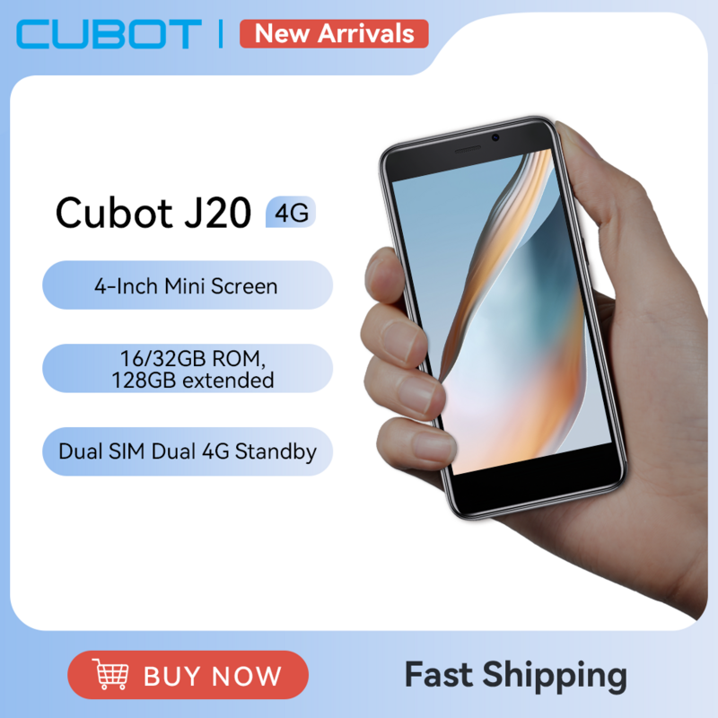 Cubot J20,  Android 12, หน้าจอ 4 นิ้ว, ROM 16GB / 32GB (ขยาย 128GB), ซิมคู่ 4G, แบตเตอรี่ 2350mAh, กล้องหลัง 5MP, WIFI, Bluetooth, GPS, Face ID
