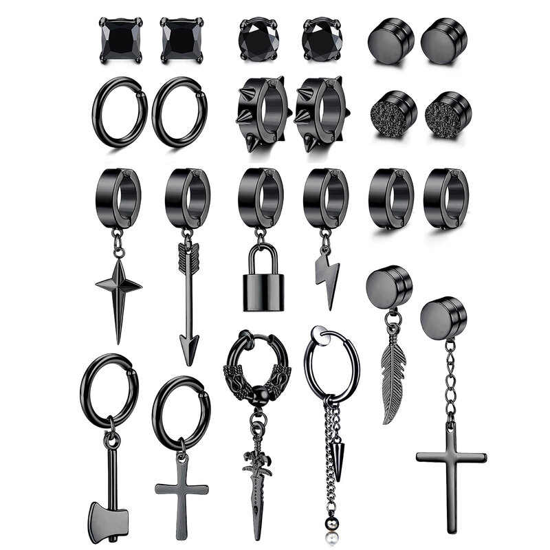 ステンレス鋼の黒いイヤリング,偽のクリップ,クロスチェーン,ドリルされていない耳用,男性と女性用,2個