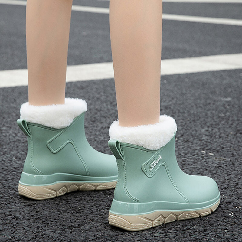 New Fashion Short Tube Women's Rain Boots Outdoor PVC Waterproof Casual Women's Boots Comfortable Slip-On Work Can Add Cotton