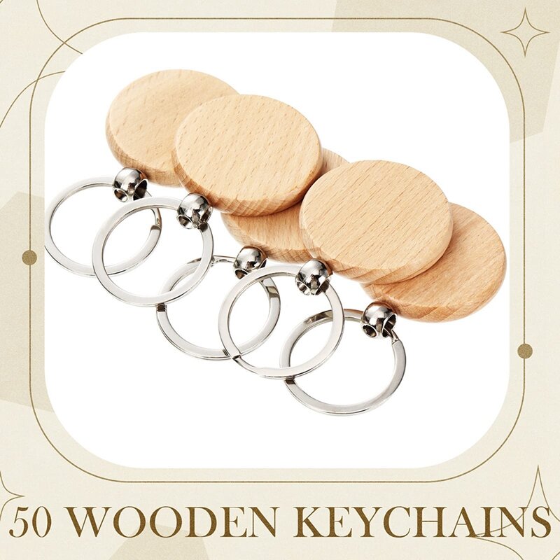 100 Pcs Blanks Unfinished Wooden Key Ring Key Tag DIY Keychain For DIY Crafts(Round+Rectangle)