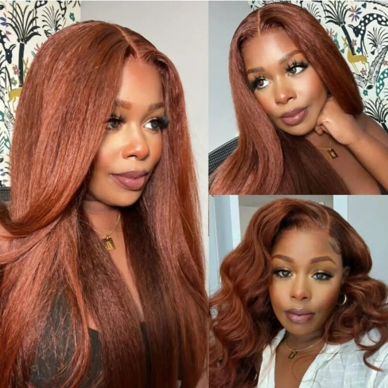 Wear and Go Glusless Wig 4X4 Reddish Brown Kinky Straight Yaki Wig Synthetic 4X4 Glueless Lace Wigs For Women No Glue Pre Cut