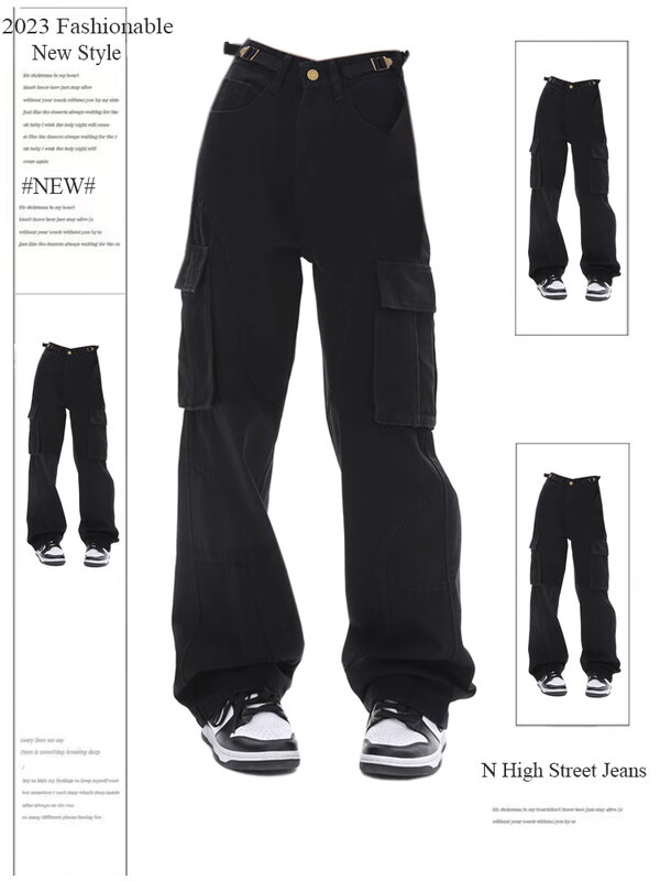 Damskie czarne gotyckie dżinsy Cargo luźne Vintage Oversize kowbojskie spodnie spodnie jeansowe Harajuku 90s Y2k tandesowe ubrania z lat 2000. 2024