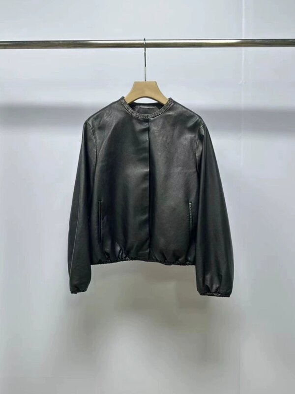 Женская короткая куртка из натуральной кожи, черная свободная однобортная локомотивная куртка, верхняя одежда, зима 2023