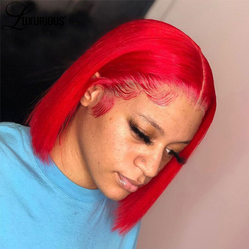Wig renda pendek lurus 13x4 merah untuk wanita hitam Brasil Virgin sebelum dipetik rambut manusia Wig Bob Hd renda transparan Wig depan