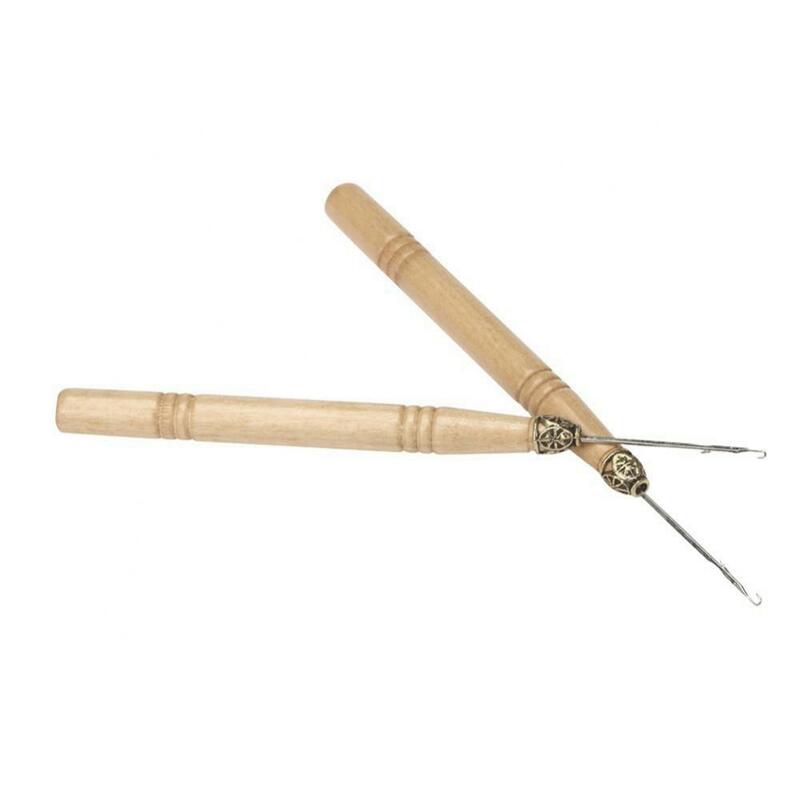 14cm Wood Handle Crochet Needle Wig Hair Extension Threader Pulling Knitting Tool Steel Hook Needle Micro Rings Beauty Hair Tool