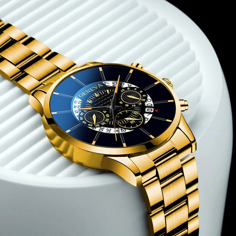 Relógio de pulso de quartzo em aço inoxidável masculino, bracelete dourado, colar, relógios de negócios, moda casual, conjunto 3 peças