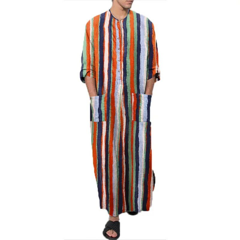 이슬람 남성 Jabba Thobe 중동 남성 긴팔 아라비아 스트라이프 프린트 셔츠, 새로운 캐주얼 루즈 빅 포켓 가운 2023