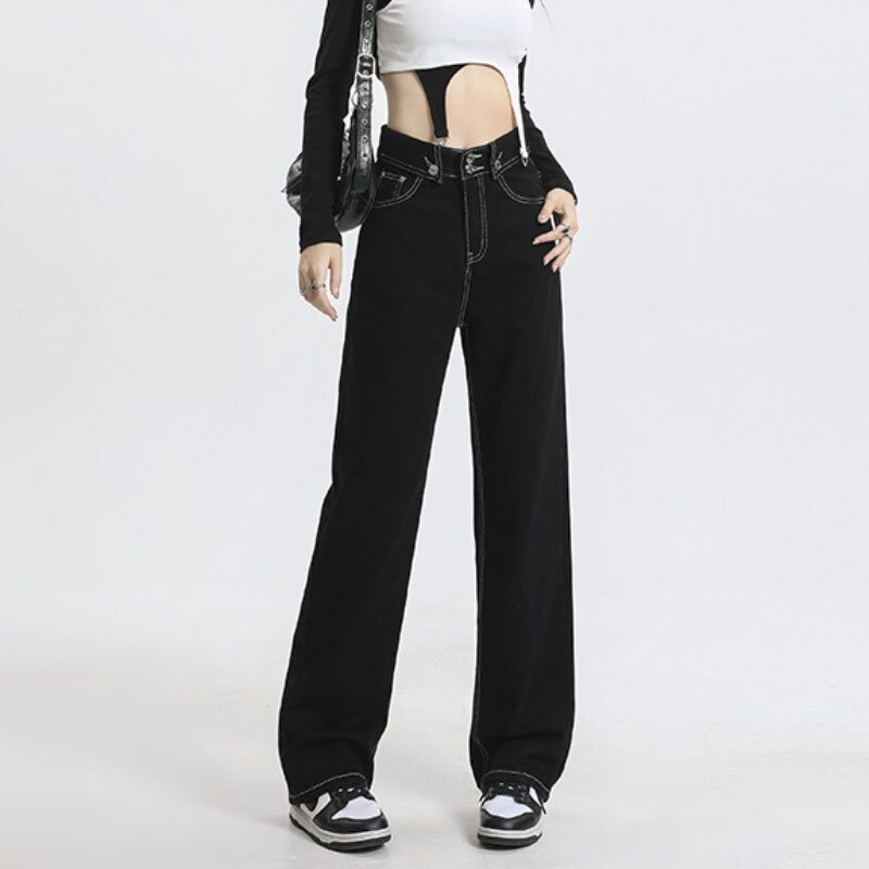 女性の韓国スタイルのジーンズ,ヴィンテージの韓国スタイルのパンツ,丈夫なハイウエスト,ゆったりとしたカジュアル