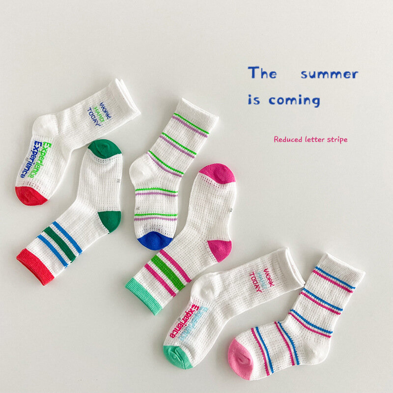 Calcetines deportivos a rayas para niños y niñas, medias con agujeros de malla para verano, 3 pares por bolsa