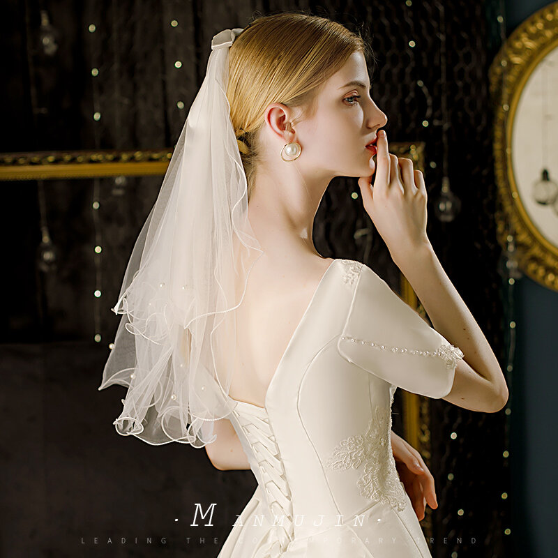 2 warstwy perła ślubna welon wstążka łuk z grzebieniem biały Ivory Bridal Veil na ślub panny młodej akcesoria