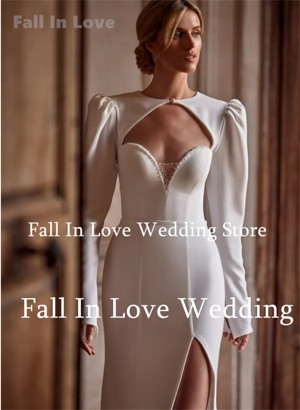 Jatuh cinta gaun pernikahan Satin putih seksi lengan panjang leher-o gaun pengantin putri duyung pelangsing kereta pakaian baru