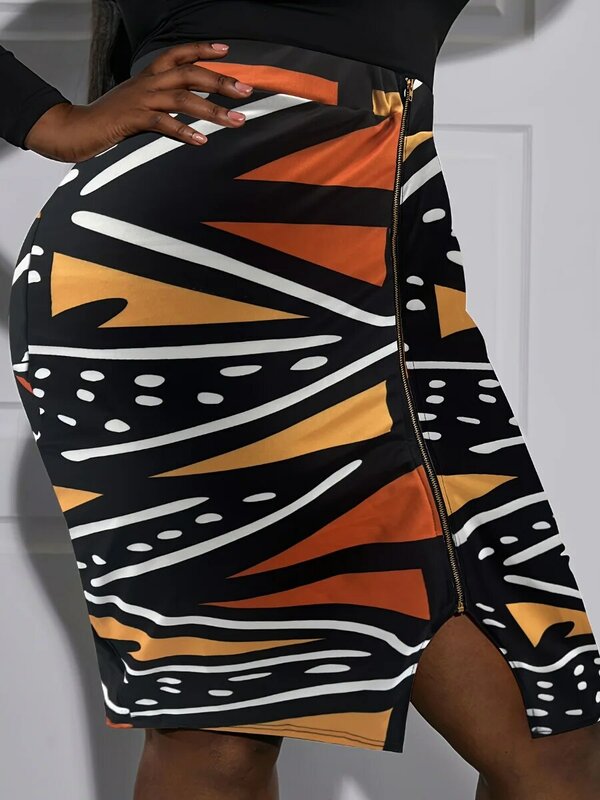 LW-falda de talla grande con estampado geométrico, minifalda con abertura frontal, ajustada, de cintura alta, ultracorta