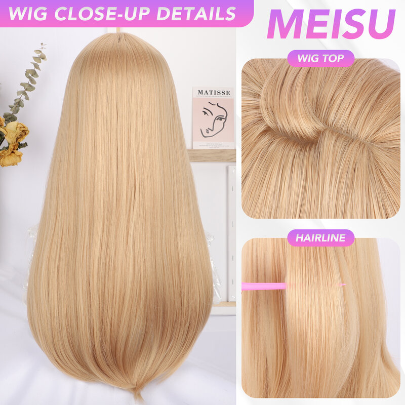MEISU Gold peruka z długich prostych włosów Princess grzywka 26 włókna Cal syntetyczne żaroodporne słodkie i naturalne przyjęcie lub Selfie dla kobiet